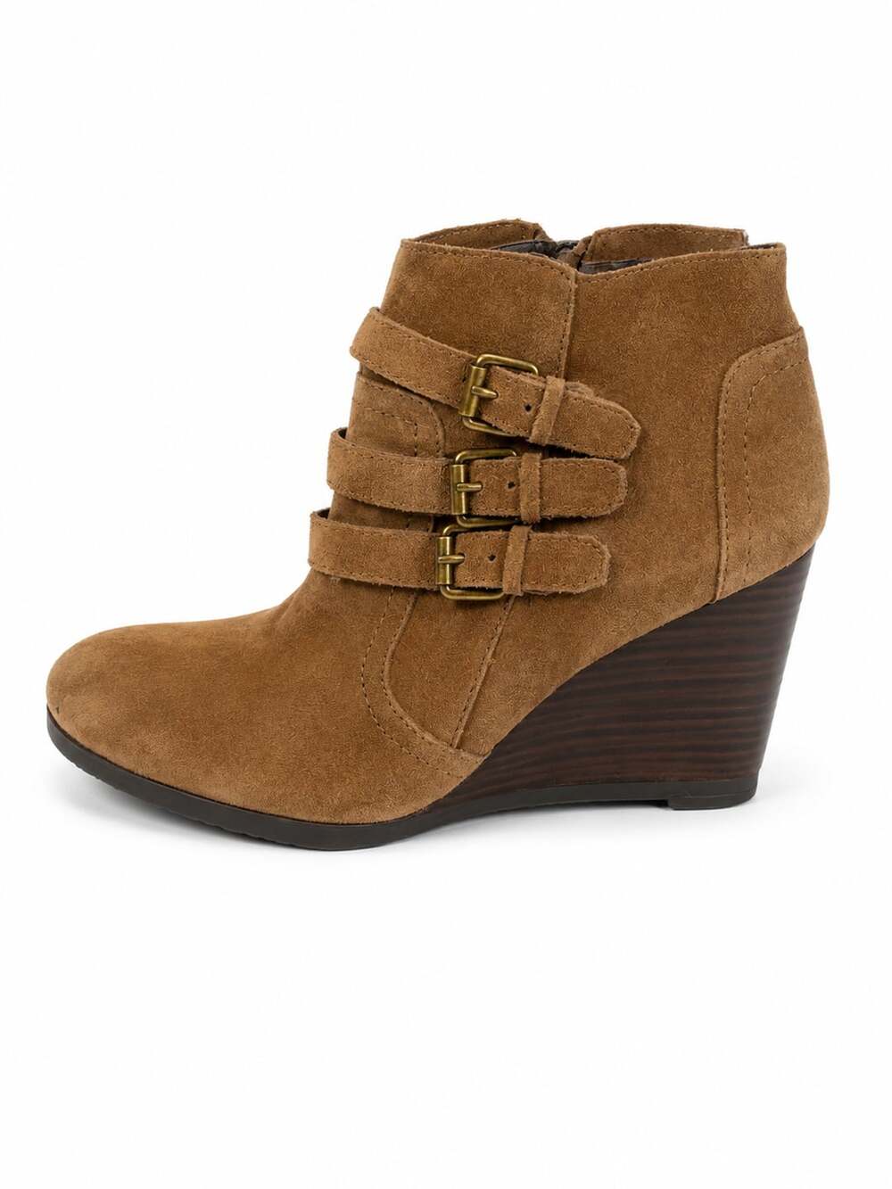 Franco Sarto Walice Brown Suede Wedge Ankle Boots with Buckle Detail Size 8.5M